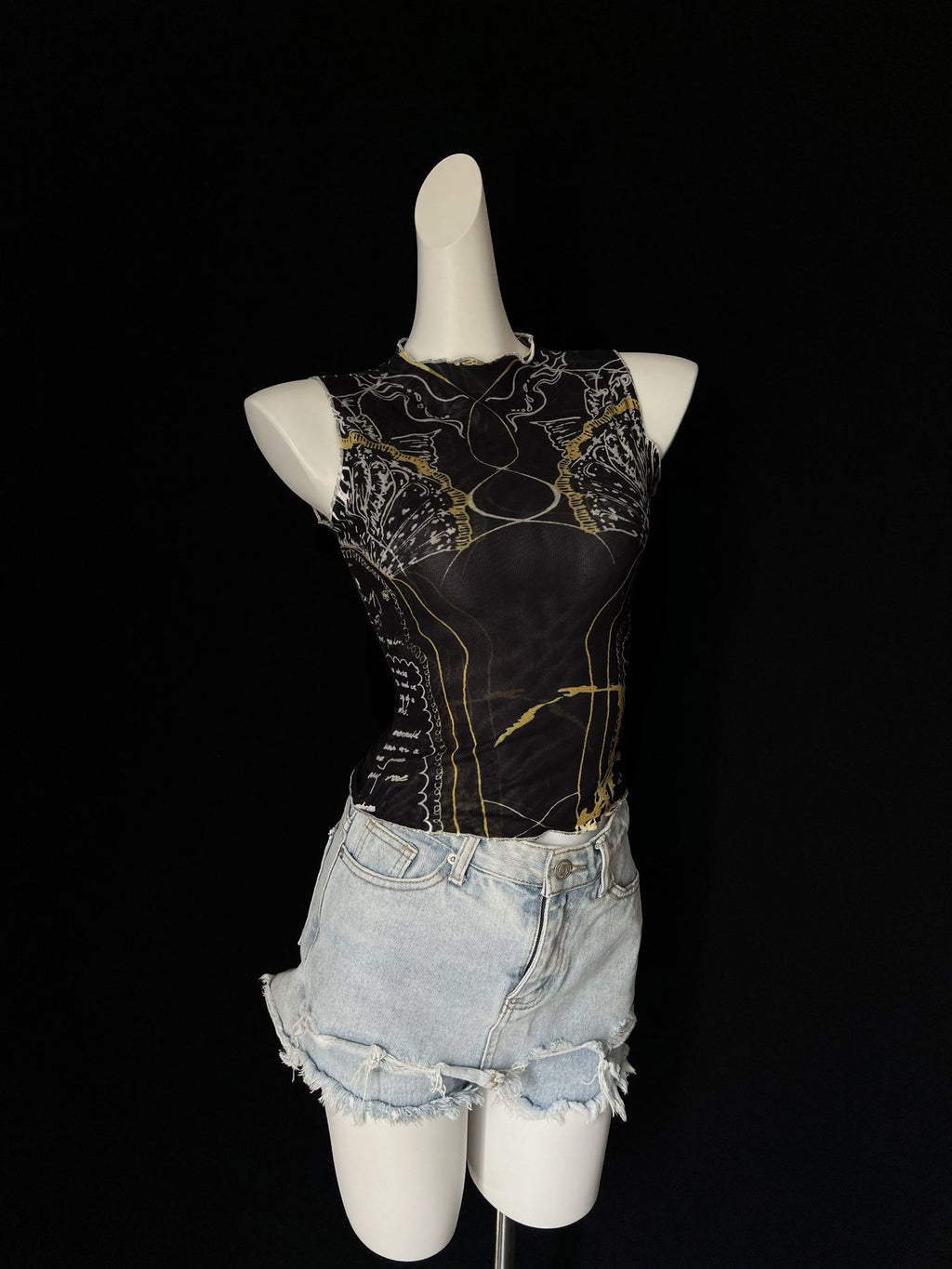 Camiseta de Malla con Estampado y Cuello Alto para Mujer