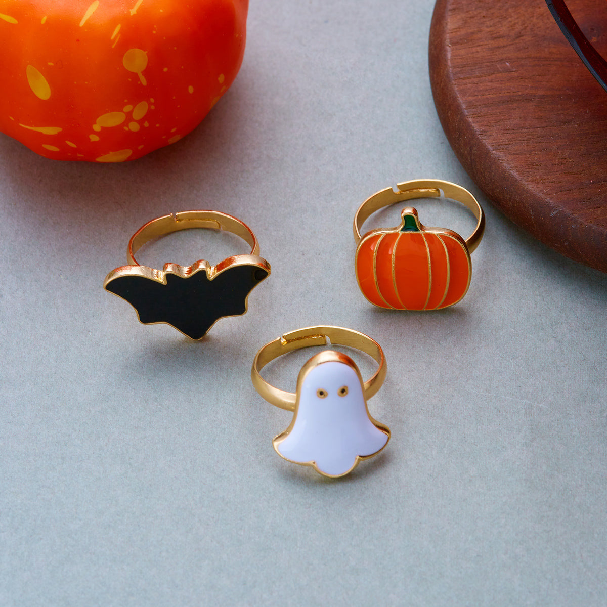 Set de Anillos/Pendientes/Collares Ajustables de Halloween con Fantasma, Calabaza y Murciélago