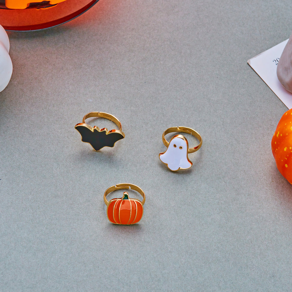 Set de Anillos/Pendientes/Collares Ajustables de Halloween con Fantasma, Calabaza y Murciélago