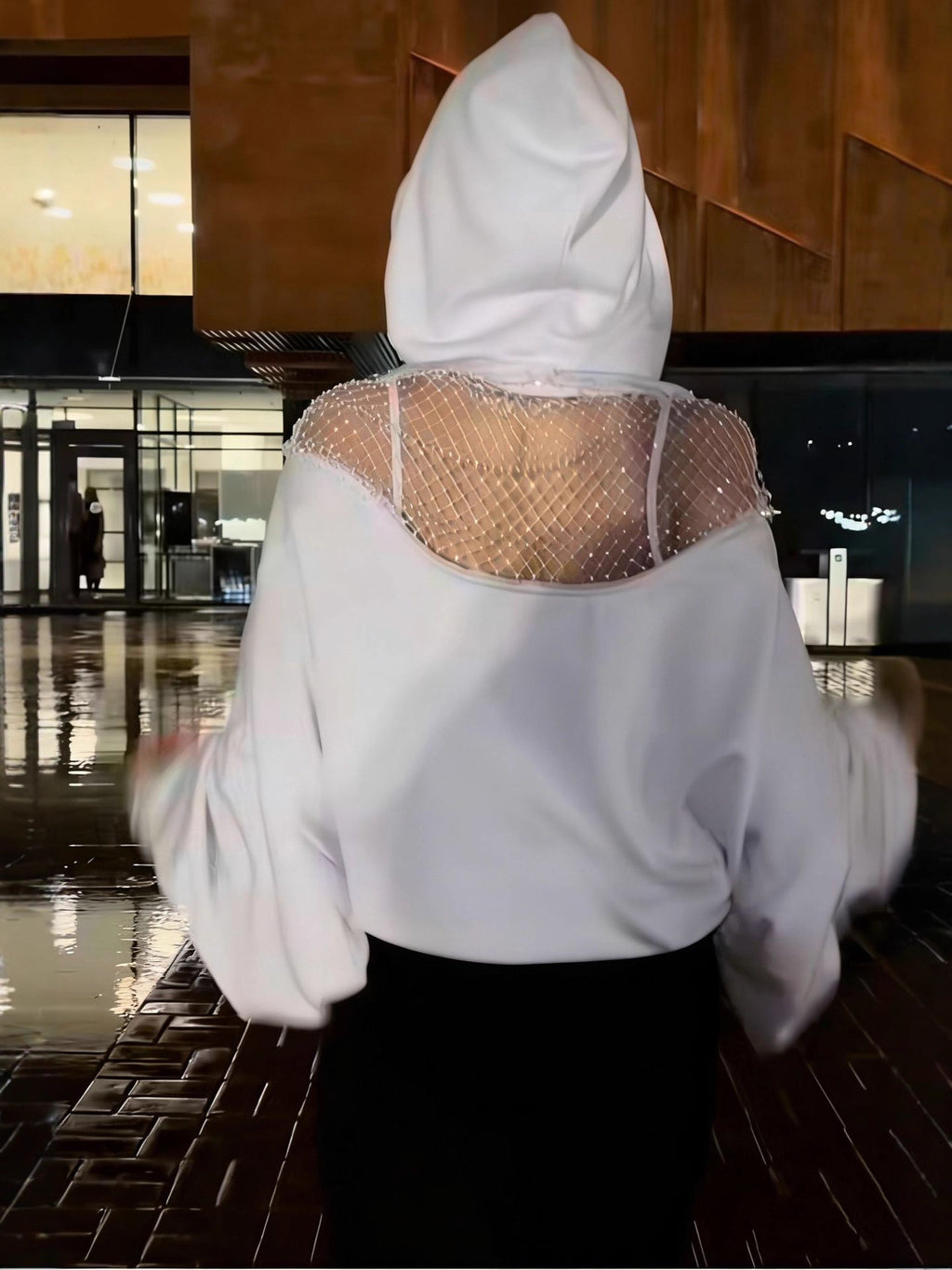 Camiseta de Manga Larga de Malla con Perlas para Mujer