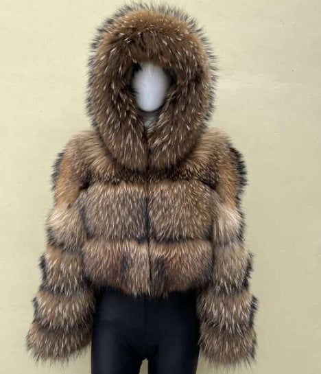 Abrigo de Pelo Sintético de Mapache | Estilo Europeo para Mujer