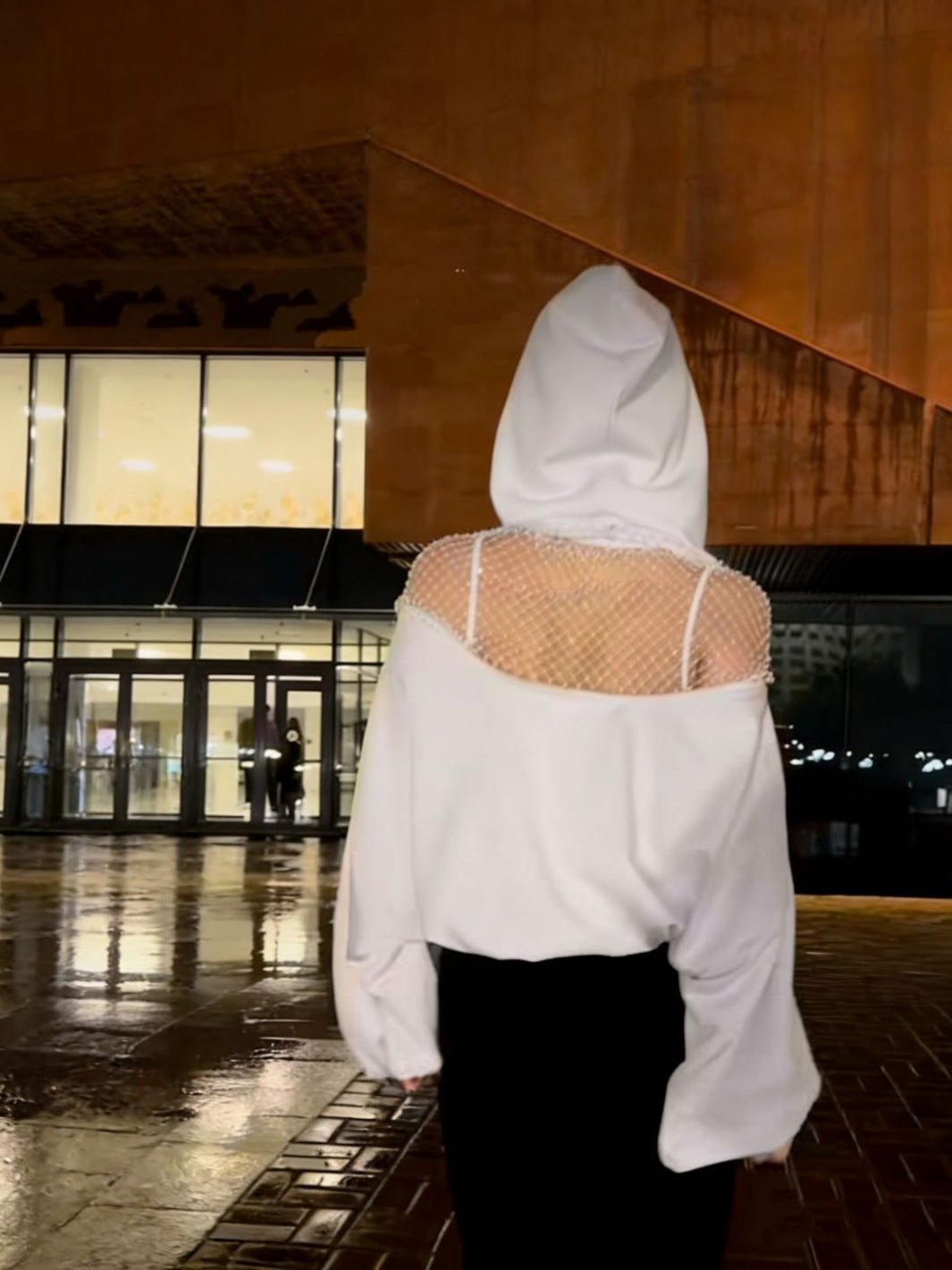 Camiseta de Manga Larga de Malla con Perlas para Mujer