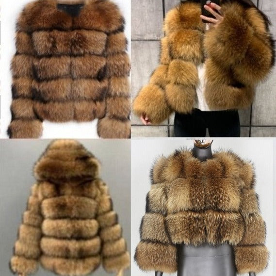 Abrigo de Pelo Sintético de Mapache | Estilo Europeo para Mujer