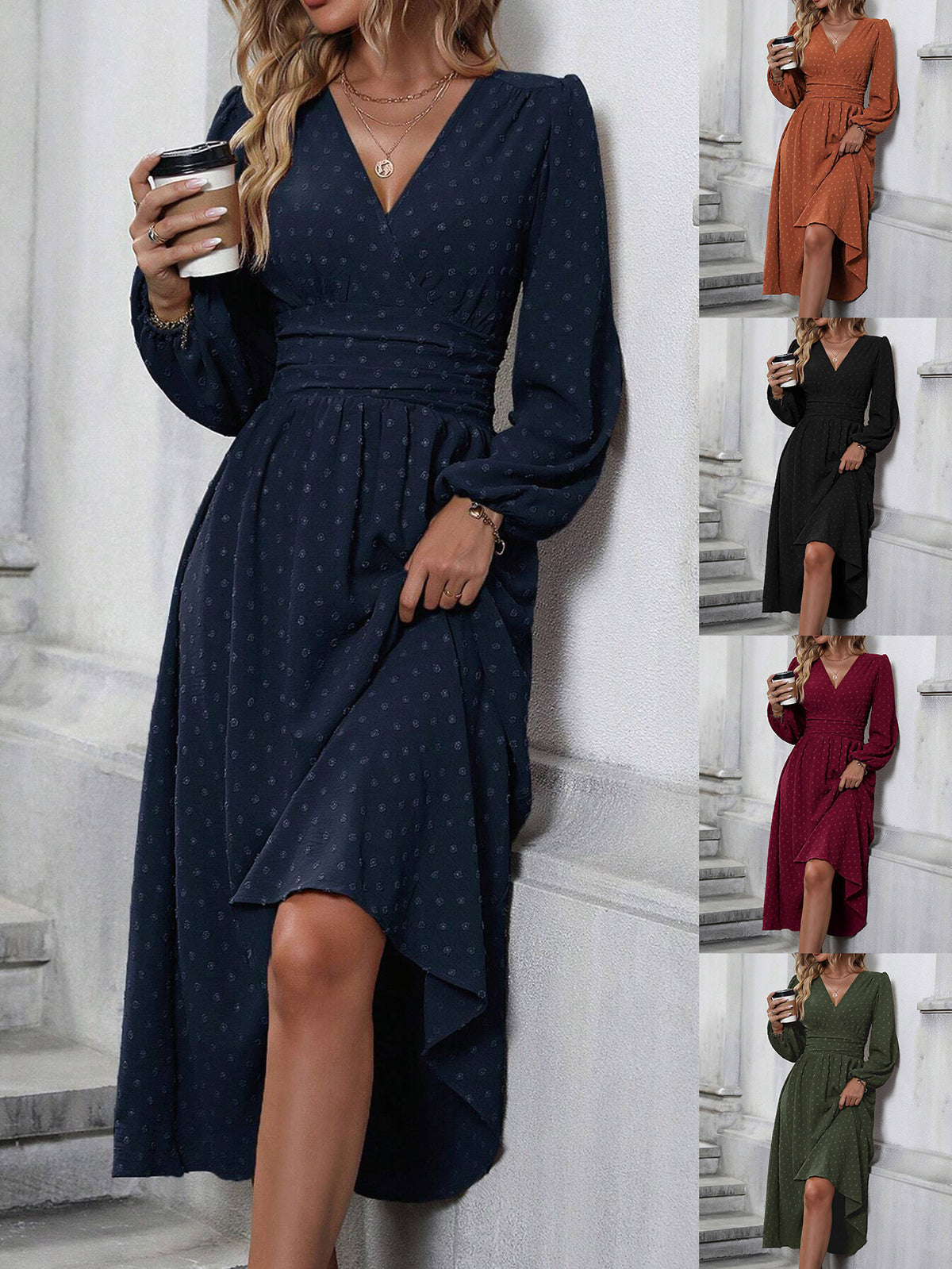 Vestido Largo con Cuello Diagonal, Pompones, Mangas Farol y Cintura Tableada